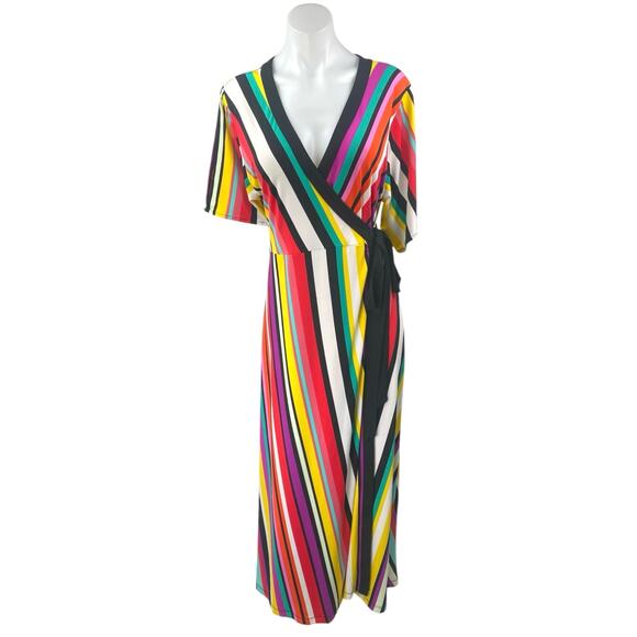 New York & Company Multicolor Striped Short Sleeve Stretch Maxi Wrap Dress Sz M - Picture 1 of 6